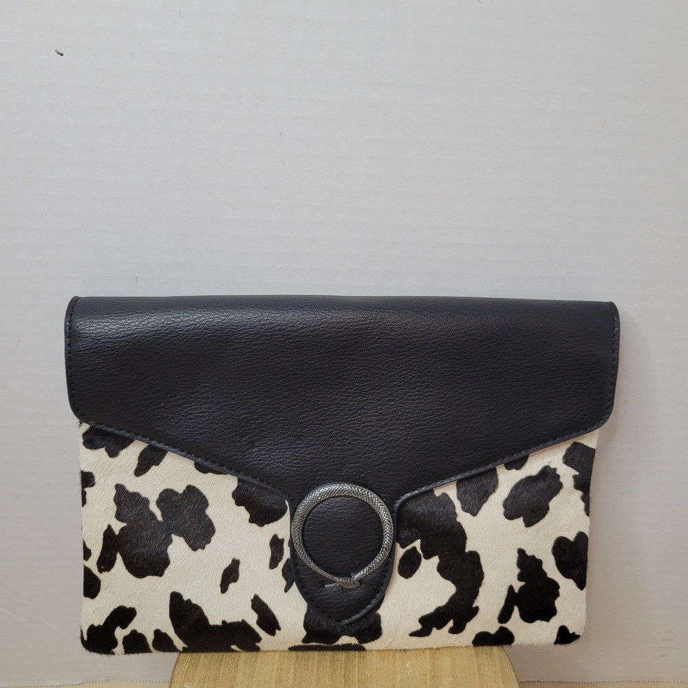Seven Days Cow Print Calf Hair Black Pebbled Envelope Clutch Crossbody Strap
